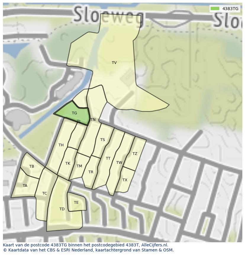 Afbeelding van het postcodegebied 4383 TG op de kaart.
