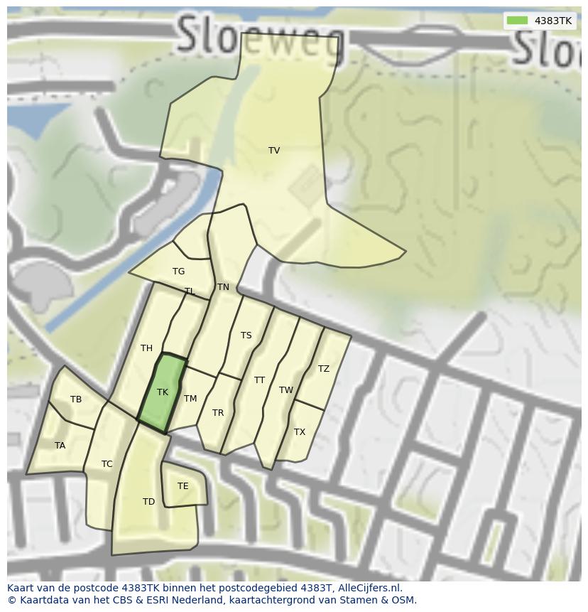Afbeelding van het postcodegebied 4383 TK op de kaart.