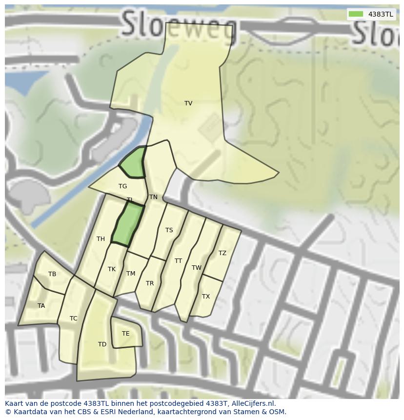 Afbeelding van het postcodegebied 4383 TL op de kaart.