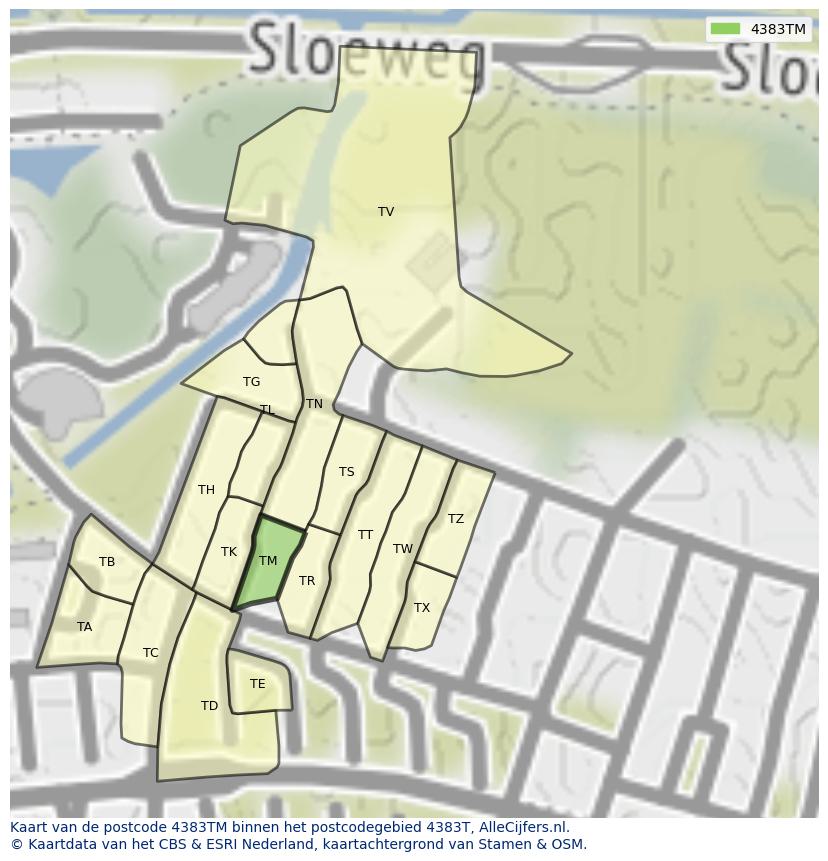 Afbeelding van het postcodegebied 4383 TM op de kaart.