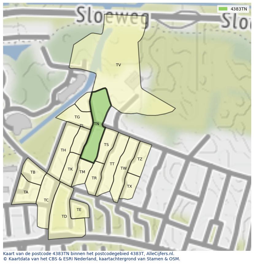 Afbeelding van het postcodegebied 4383 TN op de kaart.