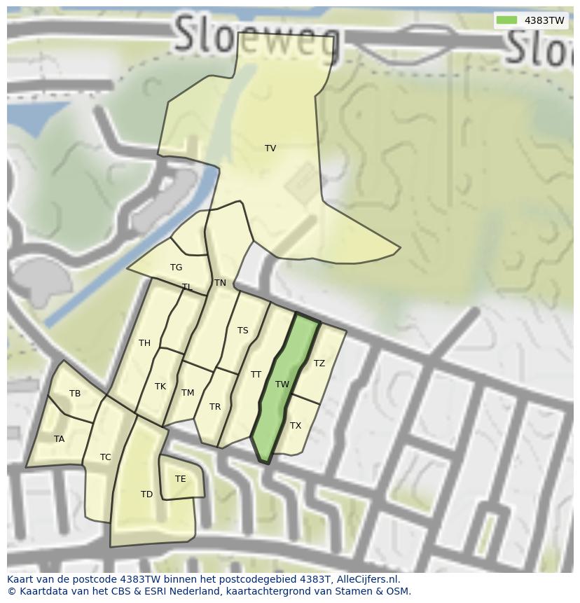 Afbeelding van het postcodegebied 4383 TW op de kaart.