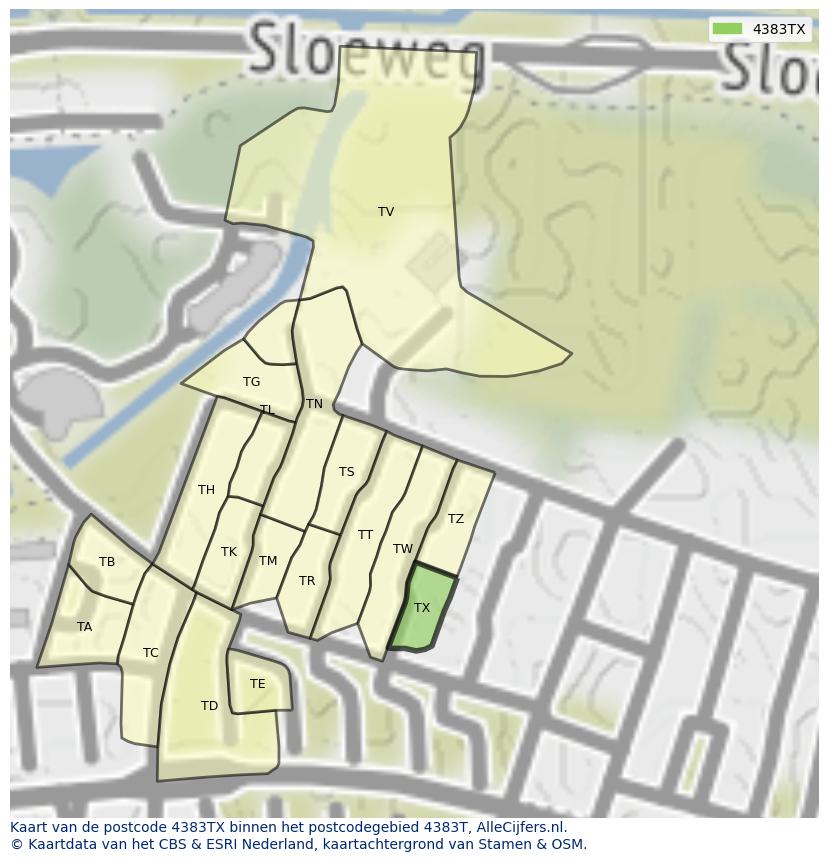 Afbeelding van het postcodegebied 4383 TX op de kaart.