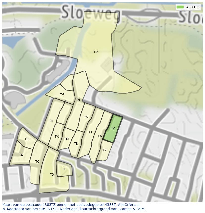 Afbeelding van het postcodegebied 4383 TZ op de kaart.