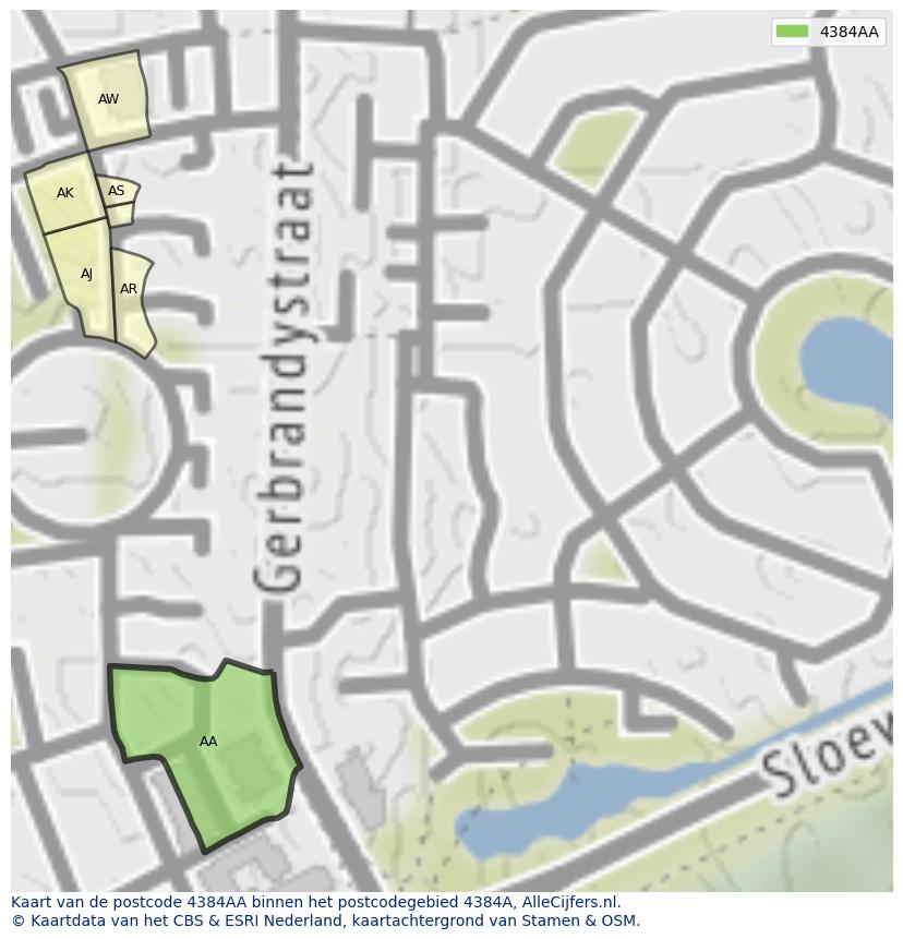 Afbeelding van het postcodegebied 4384 AA op de kaart.