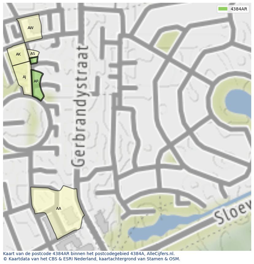 Afbeelding van het postcodegebied 4384 AR op de kaart.