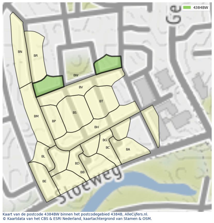 Afbeelding van het postcodegebied 4384 BW op de kaart.