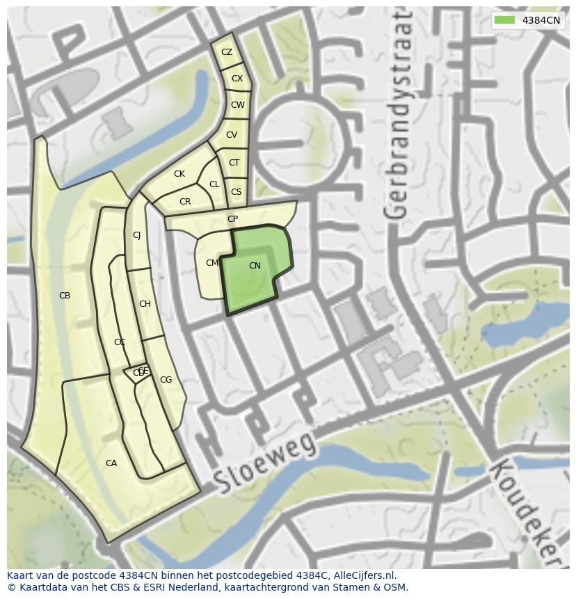 Afbeelding van het postcodegebied 4384 CN op de kaart.