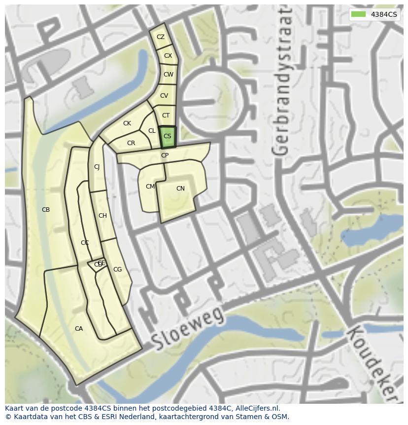 Afbeelding van het postcodegebied 4384 CS op de kaart.