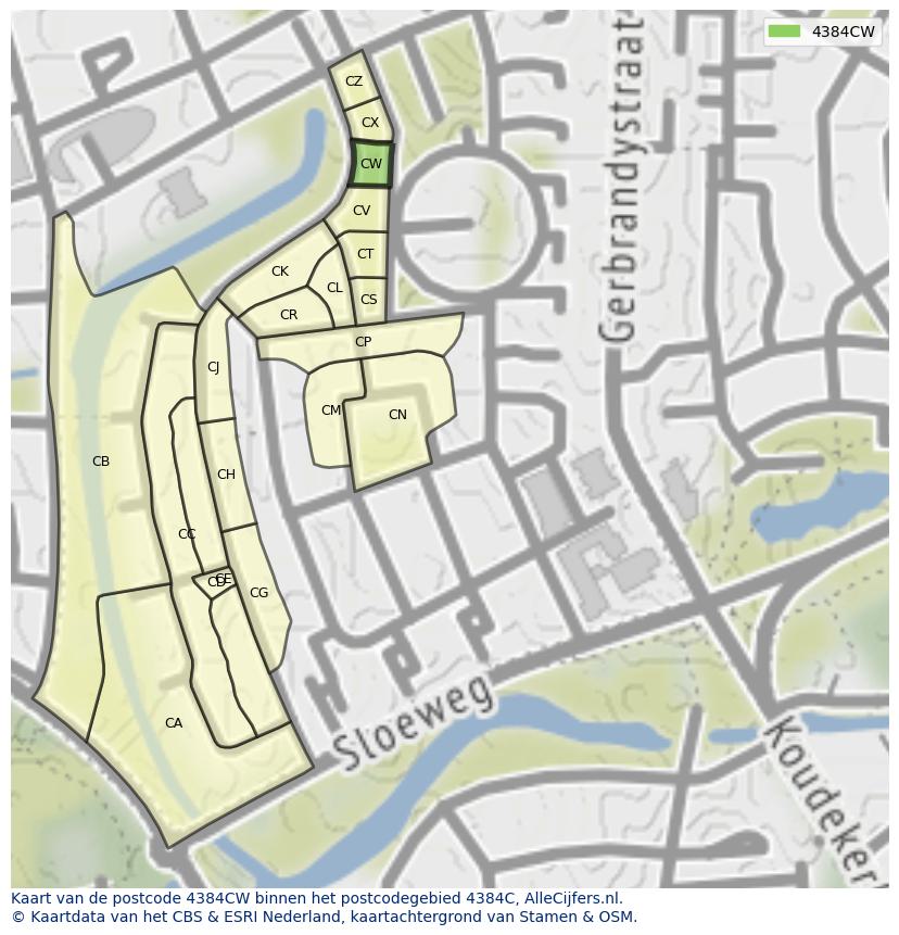 Afbeelding van het postcodegebied 4384 CW op de kaart.