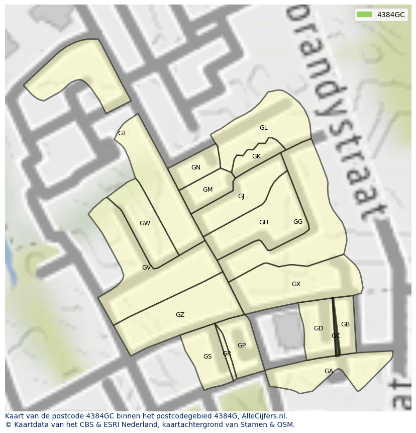 Afbeelding van het postcodegebied 4384 GC op de kaart.