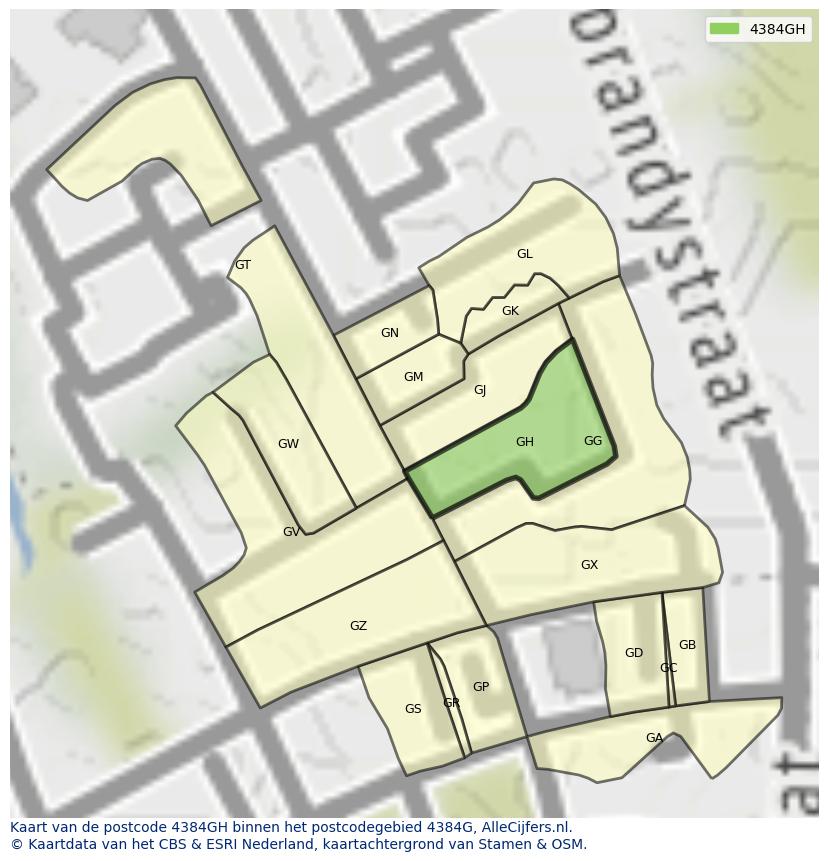 Afbeelding van het postcodegebied 4384 GH op de kaart.