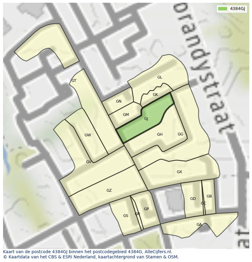 Afbeelding van het postcodegebied 4384 GJ op de kaart.