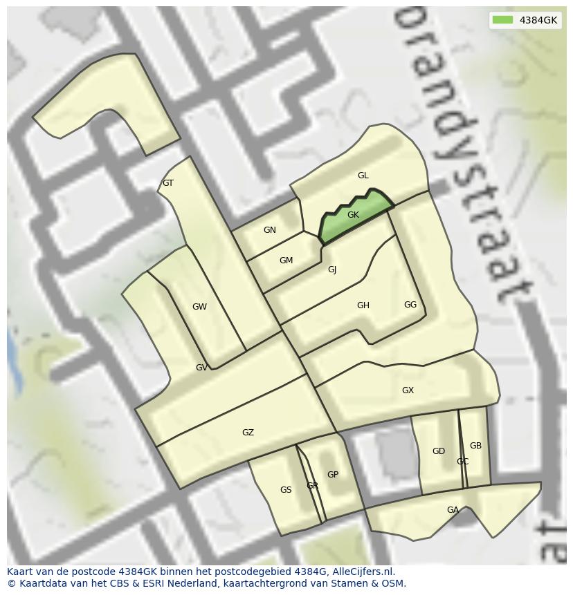 Afbeelding van het postcodegebied 4384 GK op de kaart.