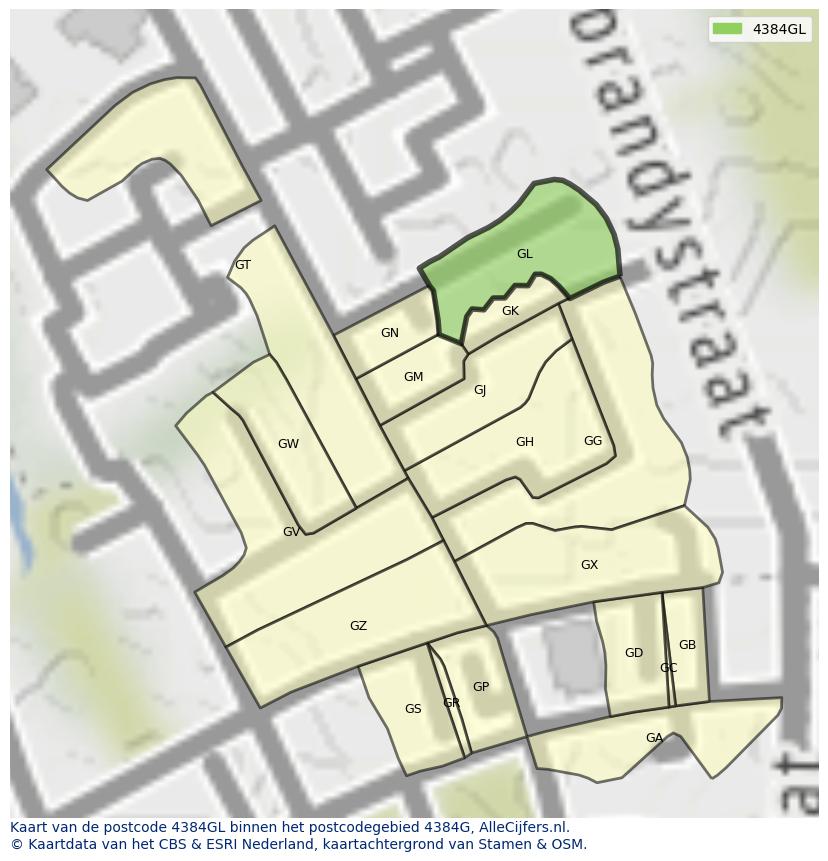 Afbeelding van het postcodegebied 4384 GL op de kaart.