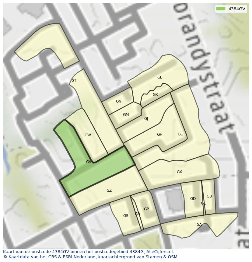 Afbeelding van het postcodegebied 4384 GV op de kaart.
