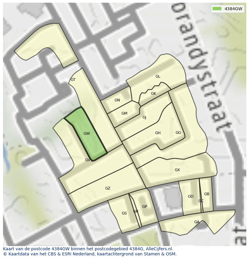Afbeelding van het postcodegebied 4384 GW op de kaart.