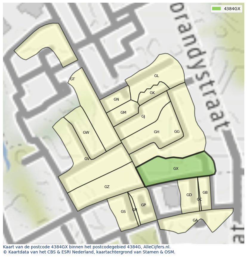 Afbeelding van het postcodegebied 4384 GX op de kaart.