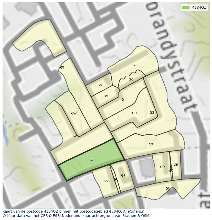 Afbeelding van het postcodegebied 4384 GZ op de kaart.