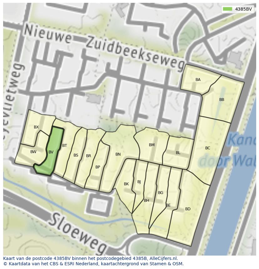 Afbeelding van het postcodegebied 4385 BV op de kaart.