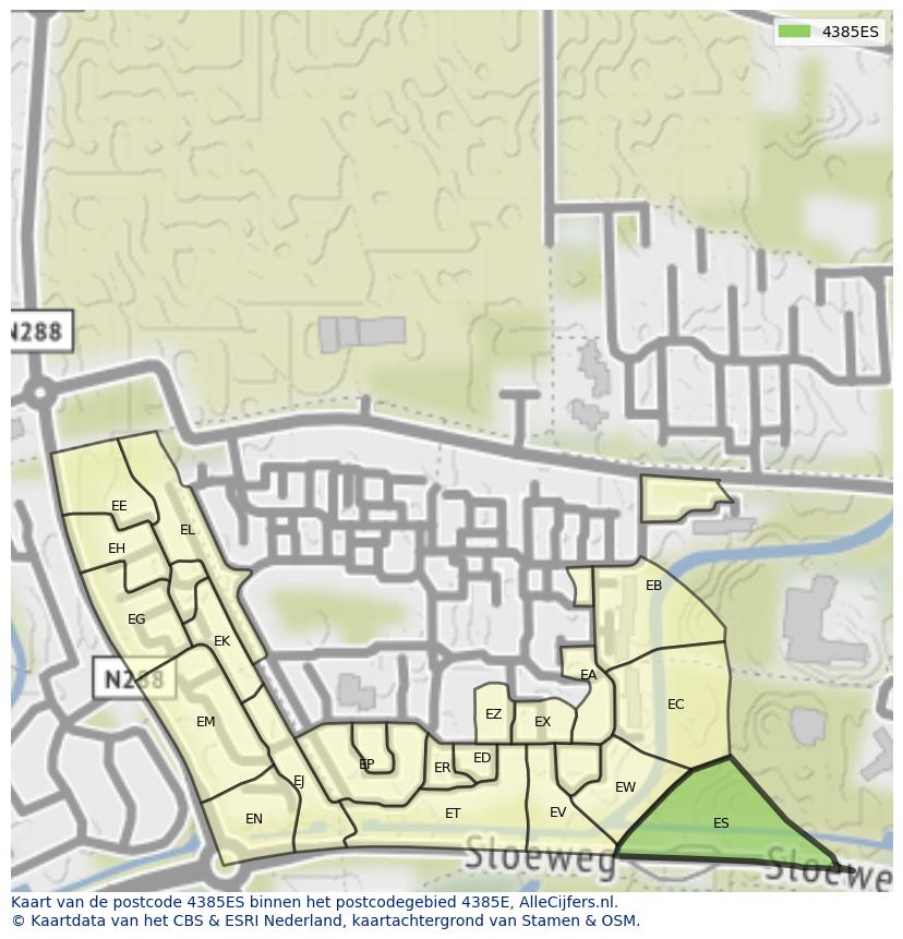 Afbeelding van het postcodegebied 4385 ES op de kaart.