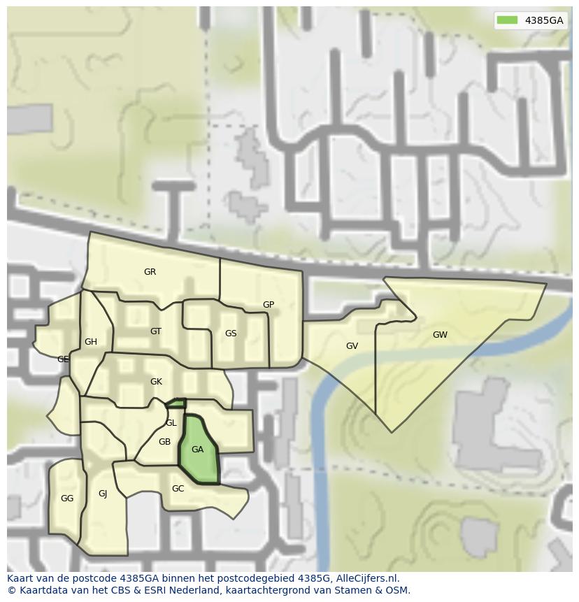 Afbeelding van het postcodegebied 4385 GA op de kaart.