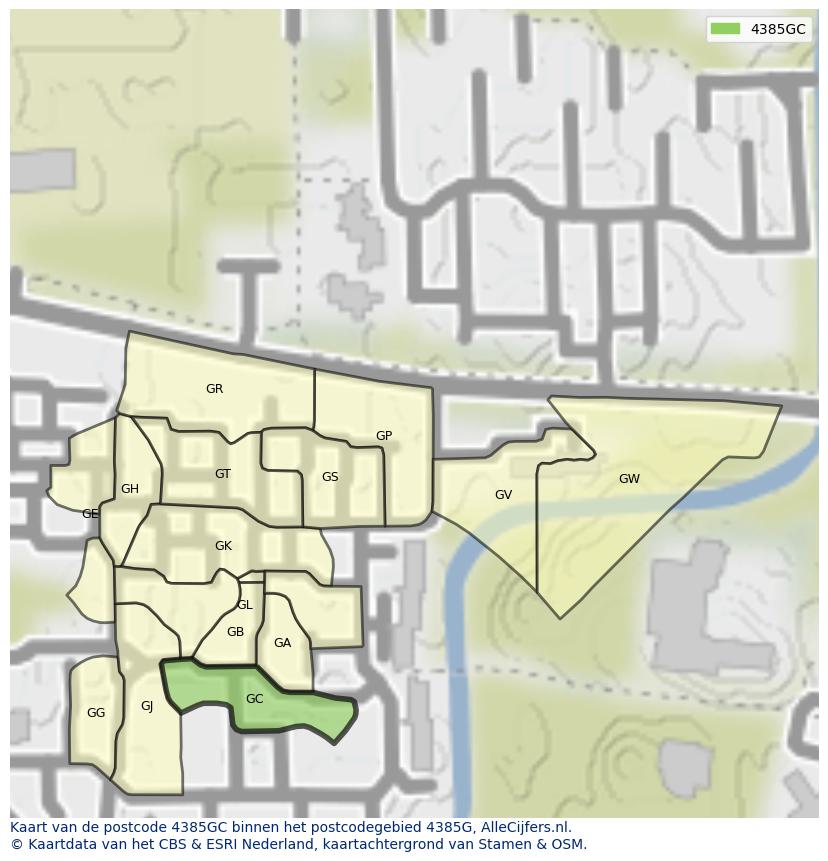 Afbeelding van het postcodegebied 4385 GC op de kaart.