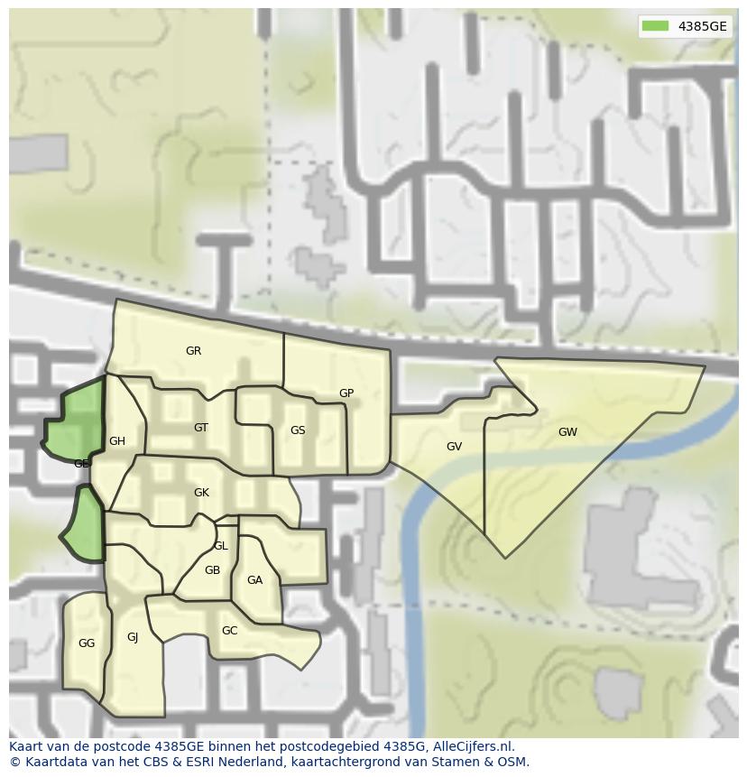 Afbeelding van het postcodegebied 4385 GE op de kaart.