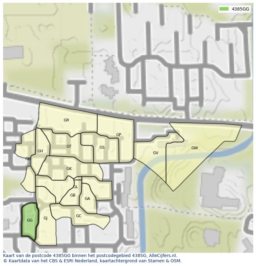 Afbeelding van het postcodegebied 4385 GG op de kaart.