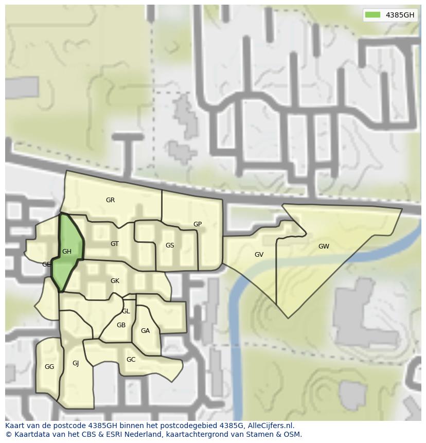 Afbeelding van het postcodegebied 4385 GH op de kaart.