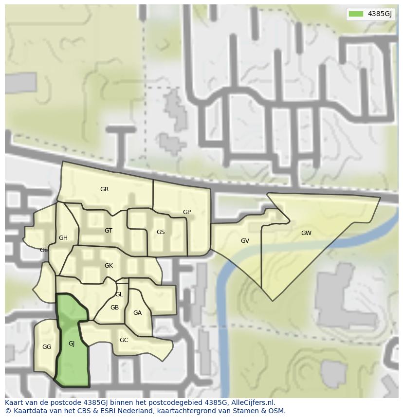 Afbeelding van het postcodegebied 4385 GJ op de kaart.