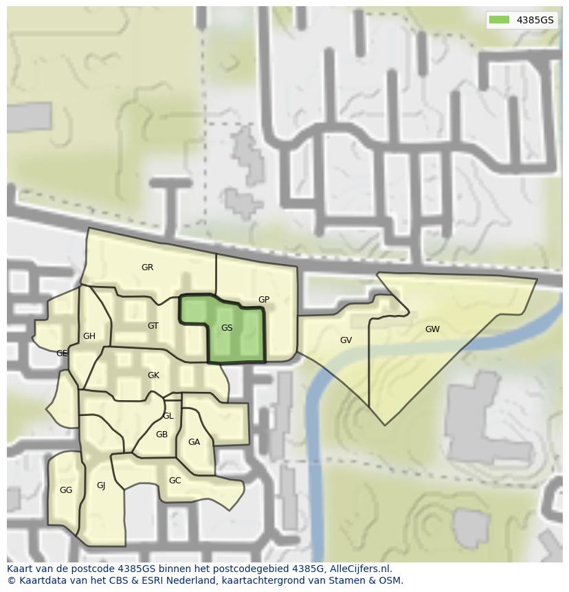 Afbeelding van het postcodegebied 4385 GS op de kaart.