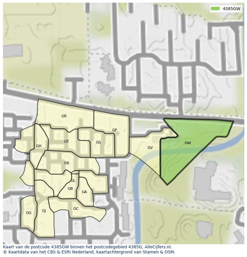 Afbeelding van het postcodegebied 4385 GW op de kaart.