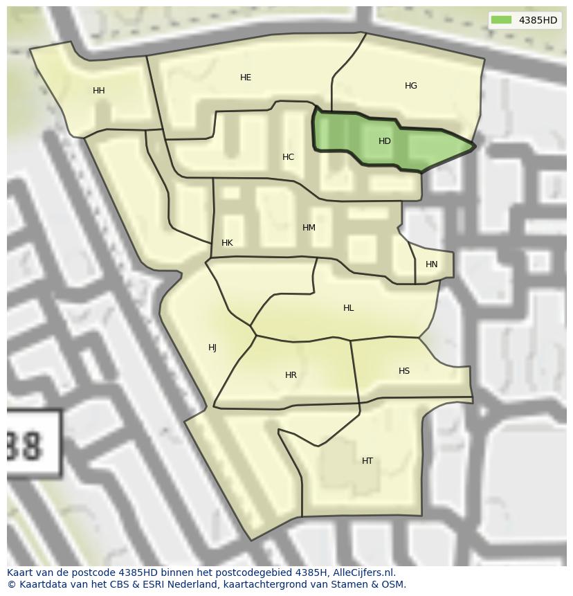 Afbeelding van het postcodegebied 4385 HD op de kaart.
