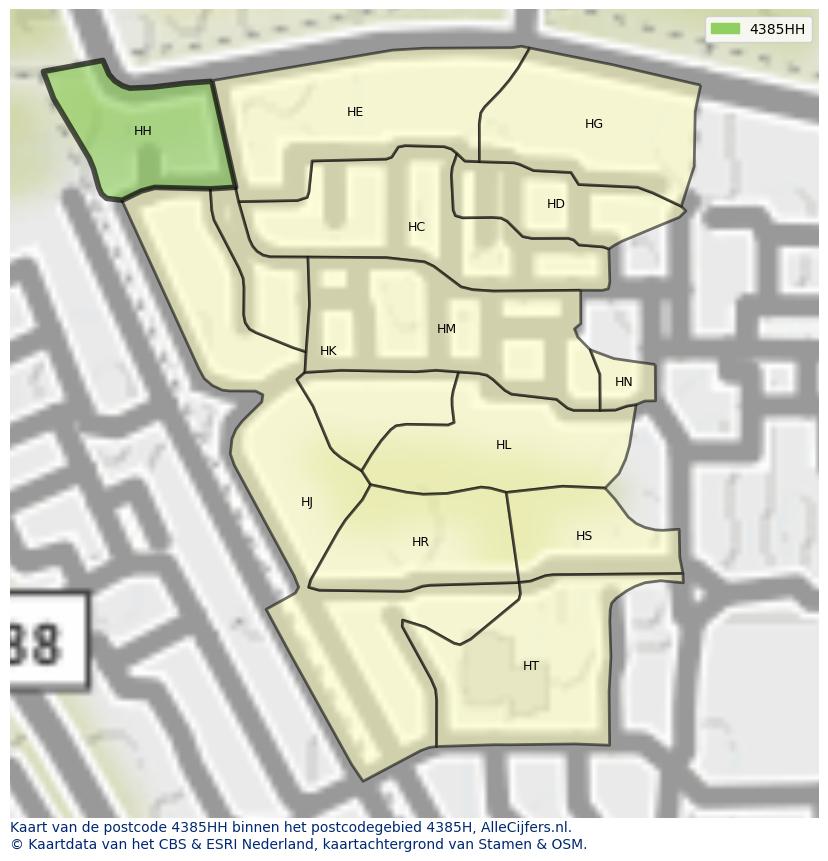 Afbeelding van het postcodegebied 4385 HH op de kaart.