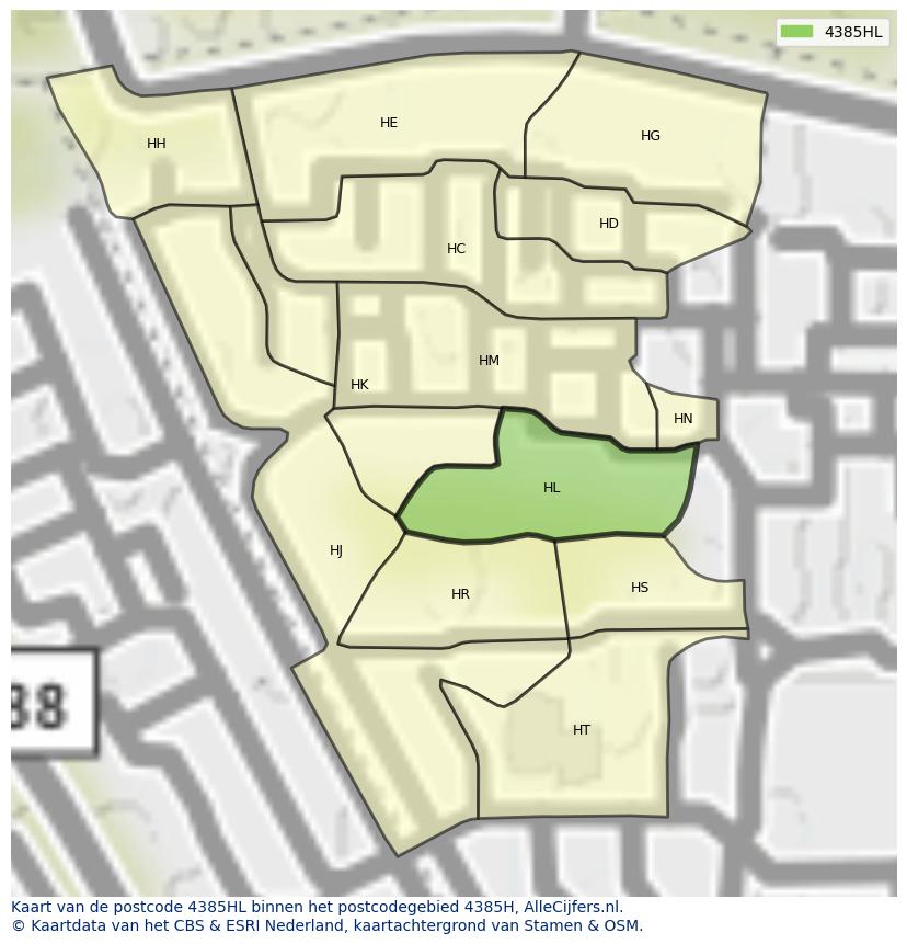 Afbeelding van het postcodegebied 4385 HL op de kaart.