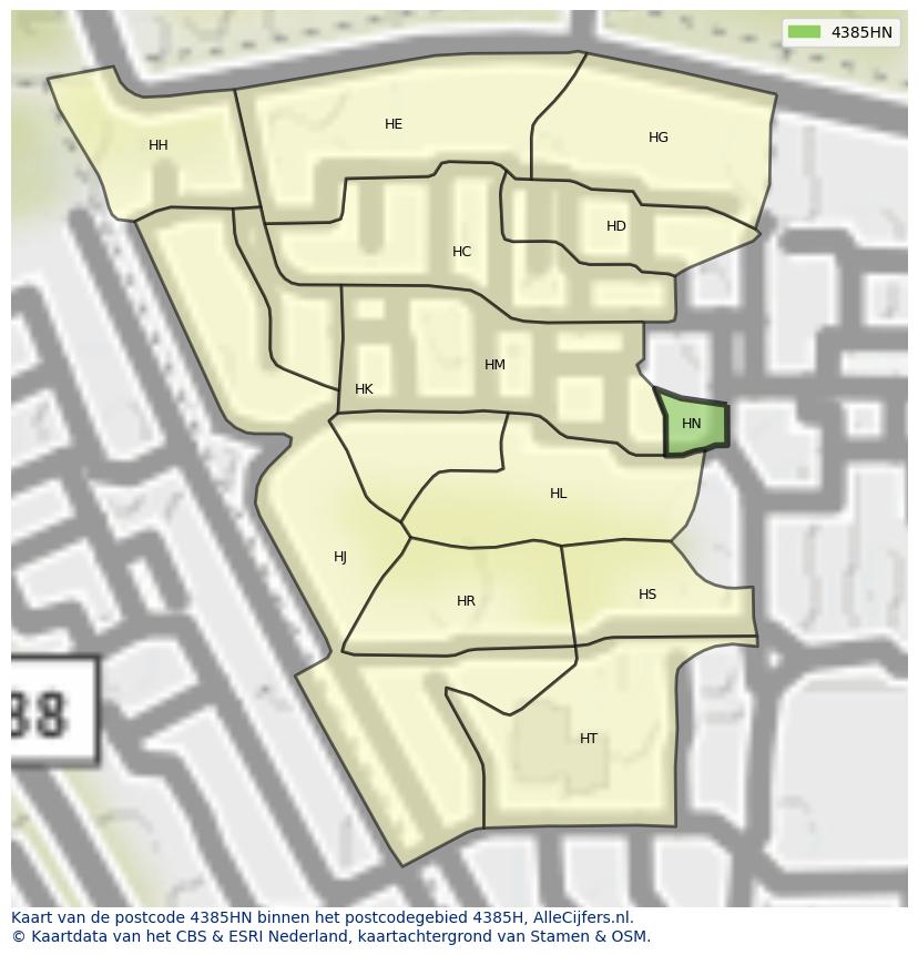 Afbeelding van het postcodegebied 4385 HN op de kaart.
