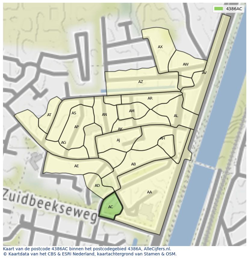 Afbeelding van het postcodegebied 4386 AC op de kaart.