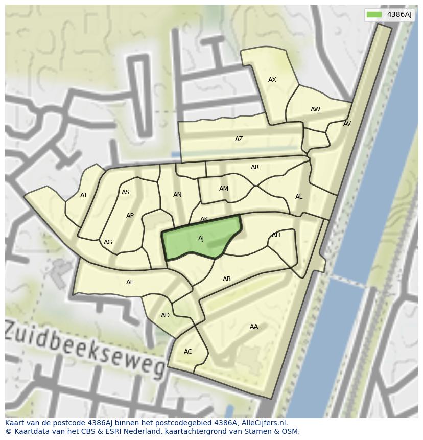 Afbeelding van het postcodegebied 4386 AJ op de kaart.