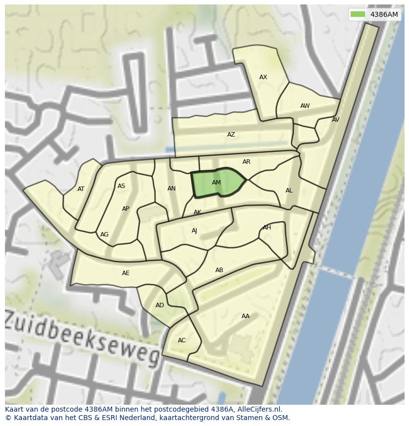 Afbeelding van het postcodegebied 4386 AM op de kaart.