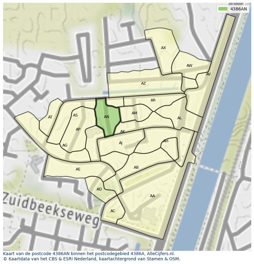 Afbeelding van het postcodegebied 4386 AN op de kaart.