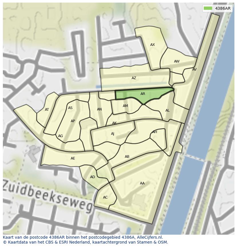 Afbeelding van het postcodegebied 4386 AR op de kaart.