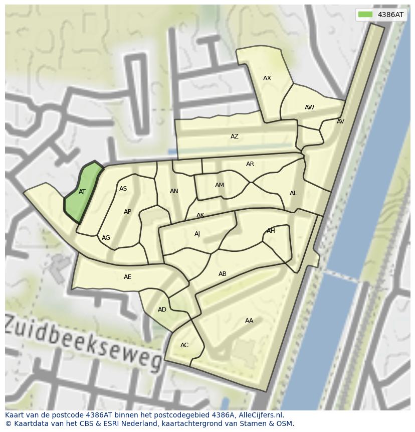 Afbeelding van het postcodegebied 4386 AT op de kaart.