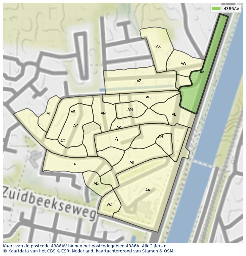 Afbeelding van het postcodegebied 4386 AV op de kaart.