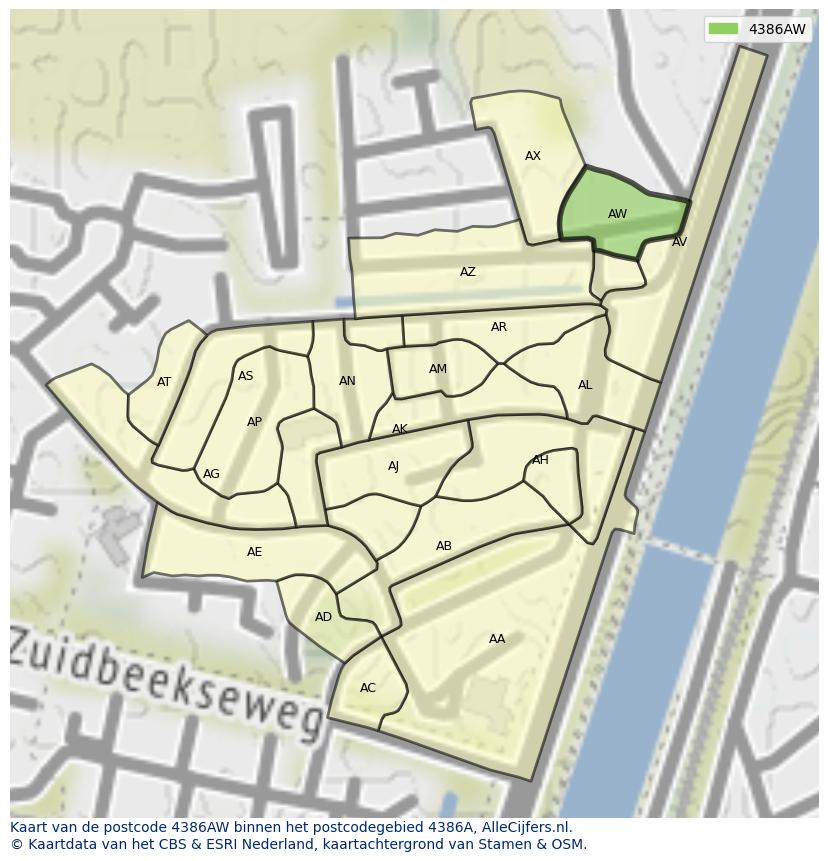 Afbeelding van het postcodegebied 4386 AW op de kaart.