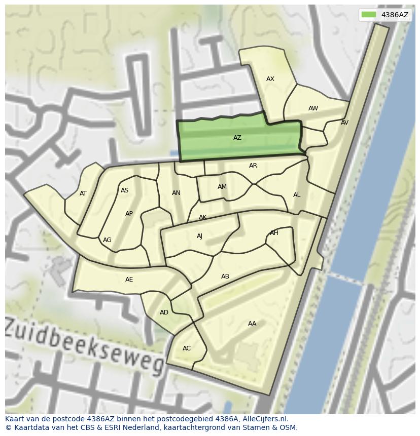 Afbeelding van het postcodegebied 4386 AZ op de kaart.