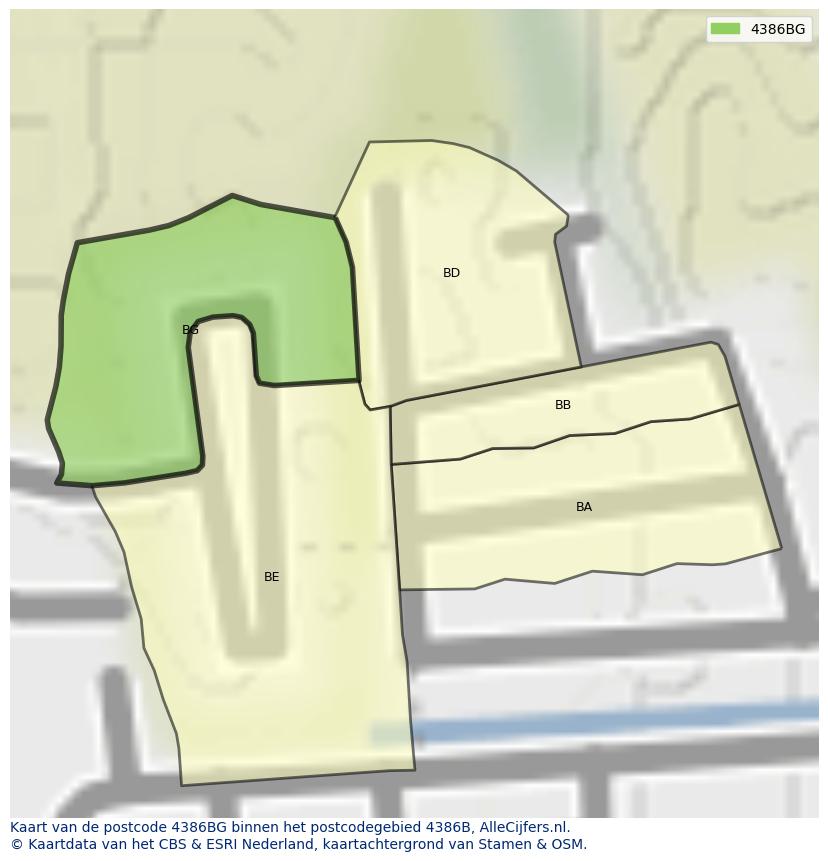Afbeelding van het postcodegebied 4386 BG op de kaart.