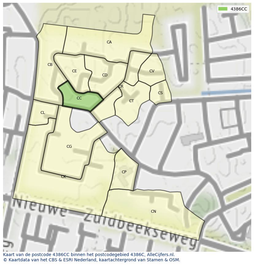 Afbeelding van het postcodegebied 4386 CC op de kaart.