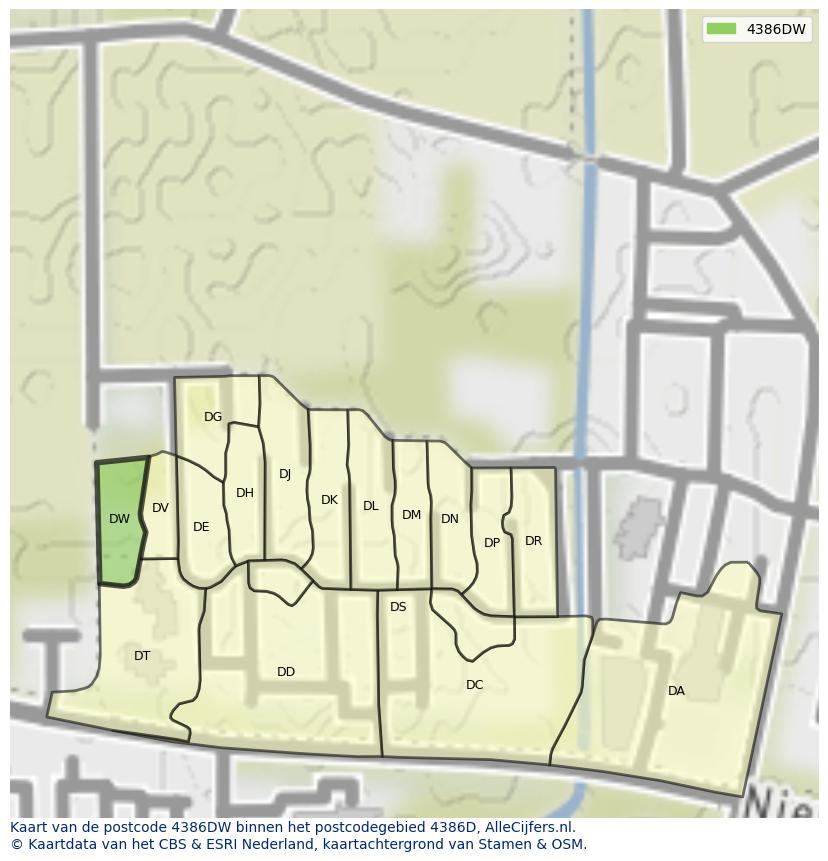 Afbeelding van het postcodegebied 4386 DW op de kaart.