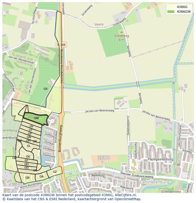 Afbeelding van het postcodegebied 4386 GW op de kaart.